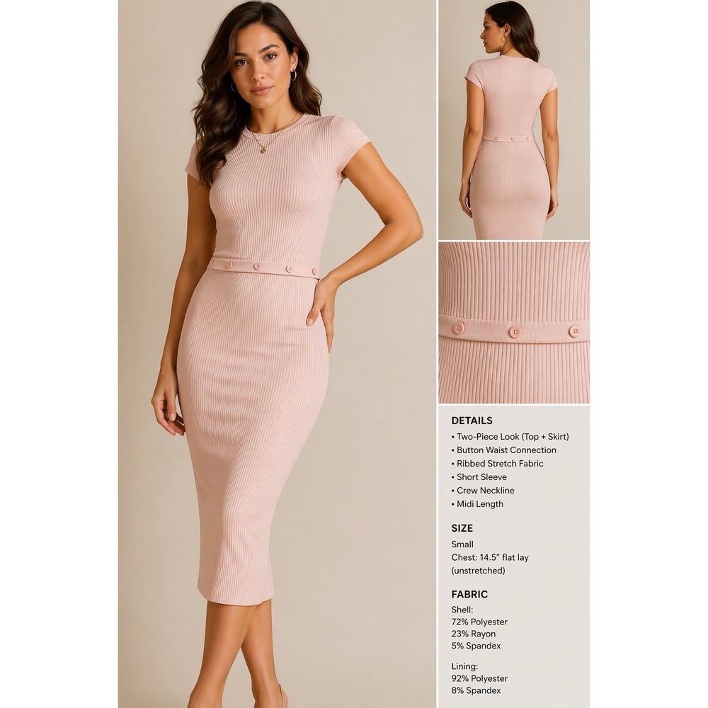 Guess Ribbed Midi Dress Women's Small Pink 2 Piece Button Waist Bodycon